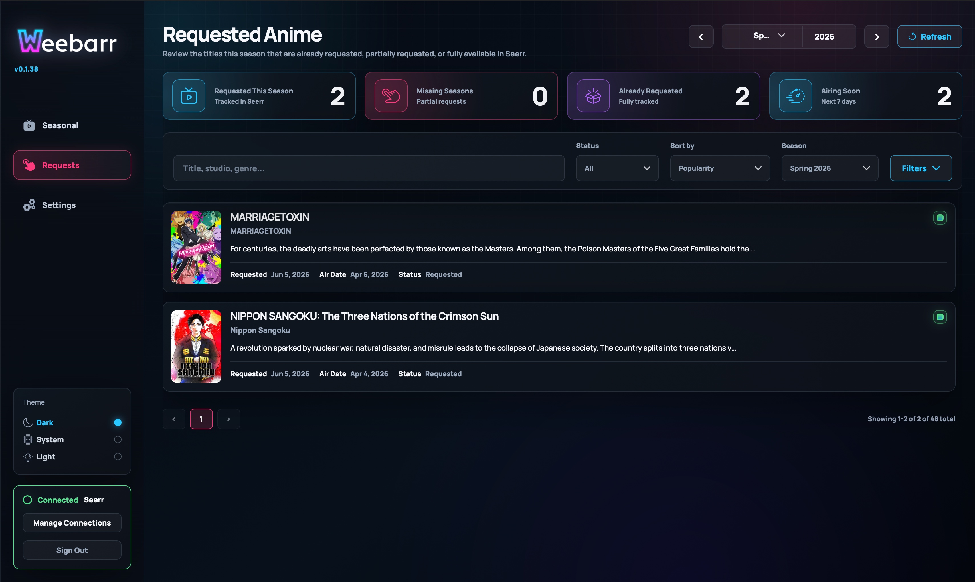 Requests page