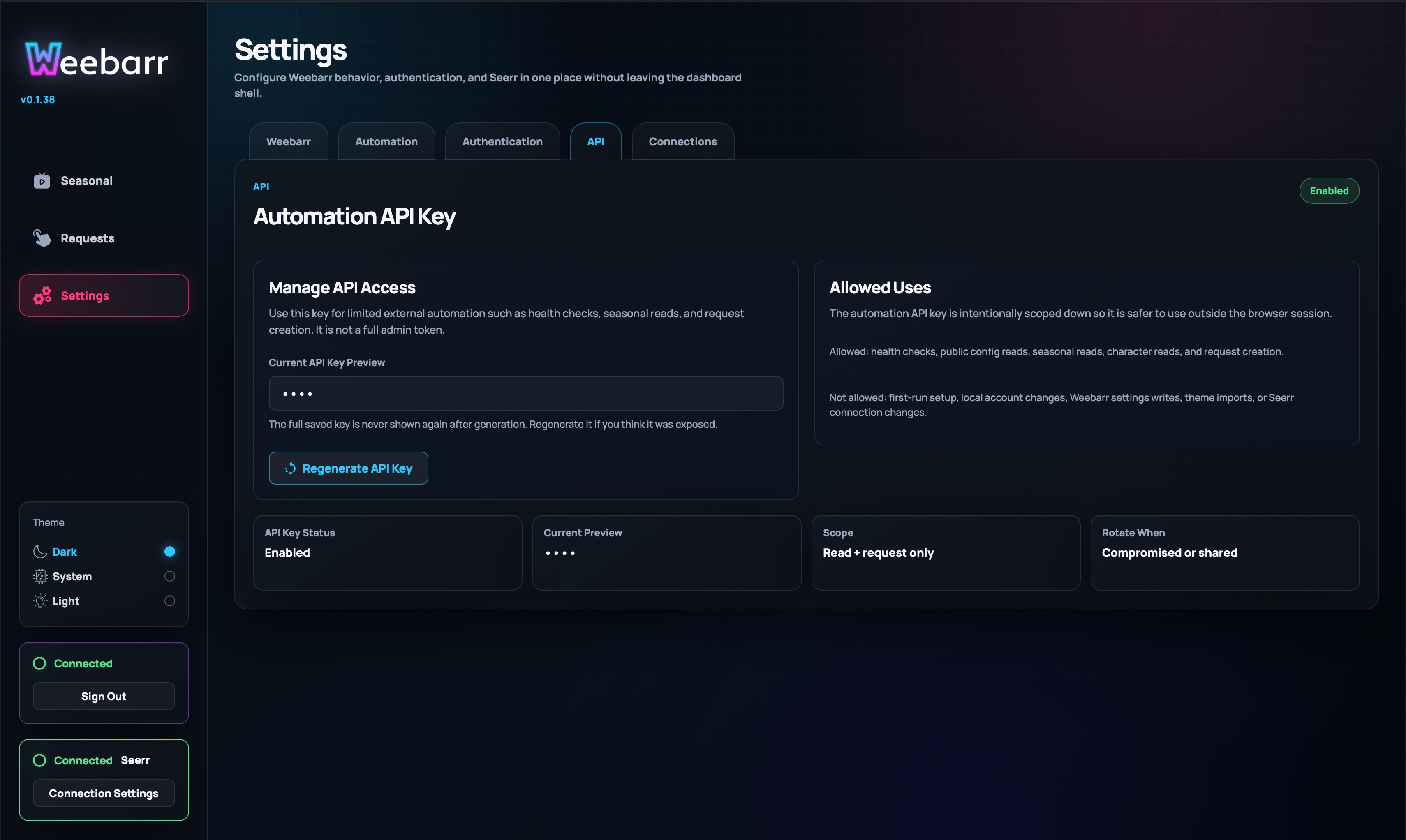 API settings tab