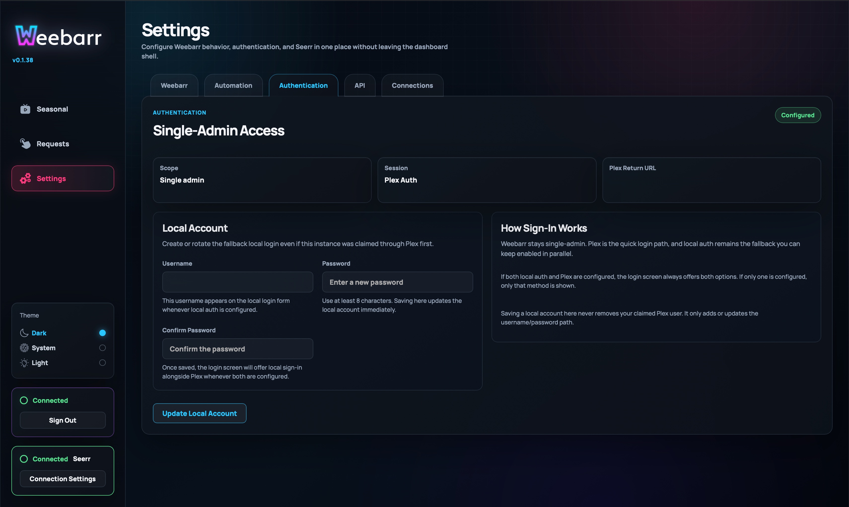 Authentication settings tab