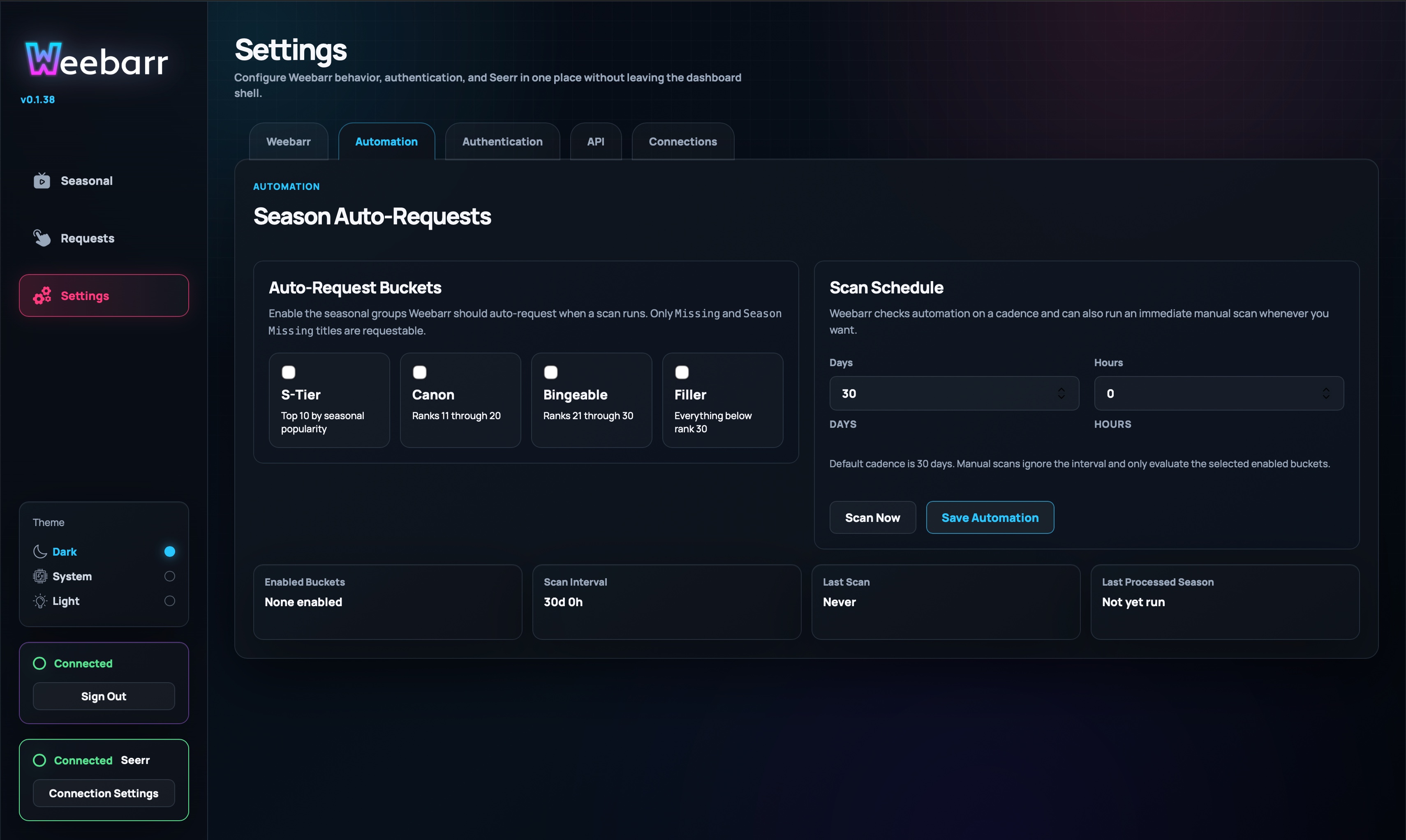 Automation settings tab