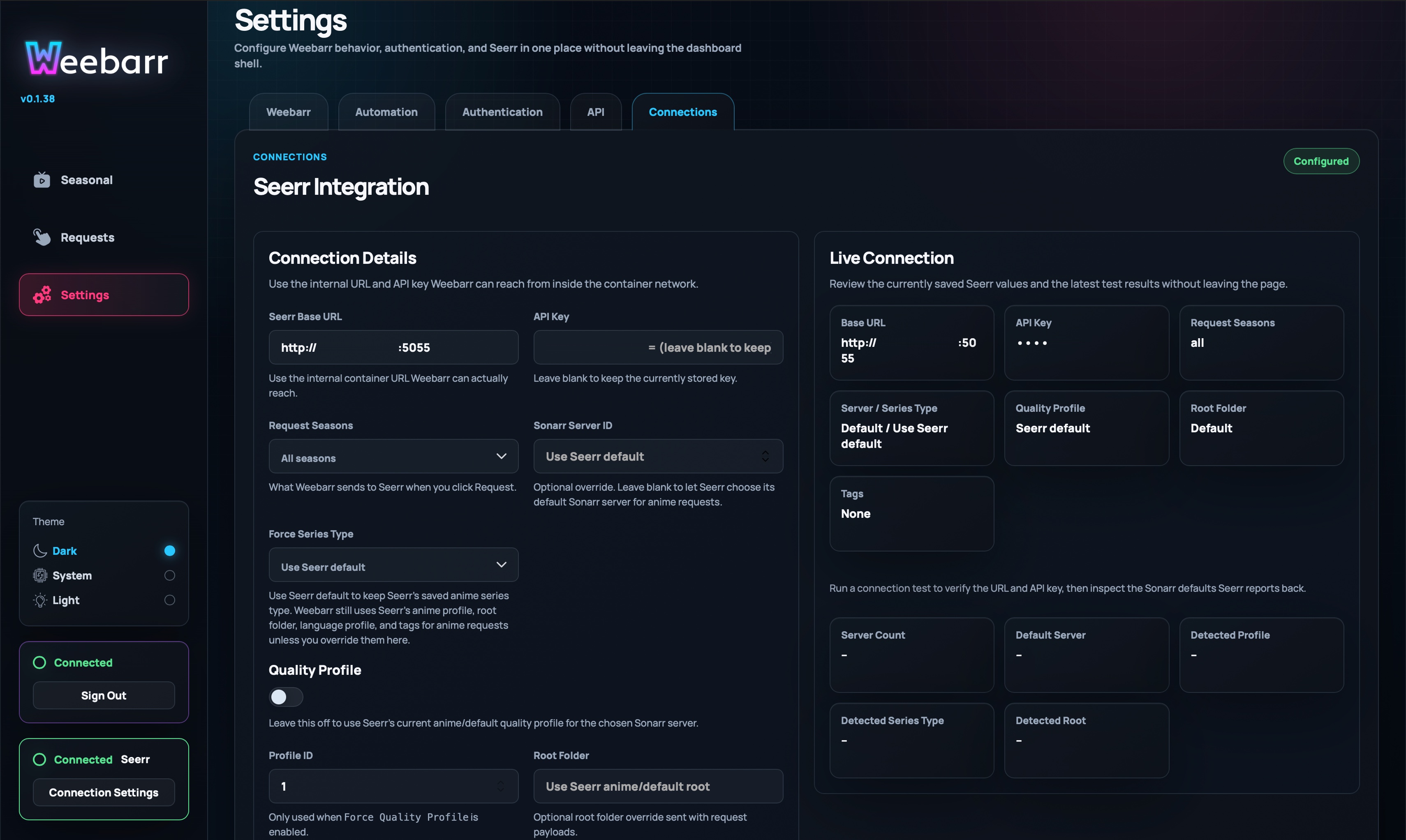 Connections settings tab