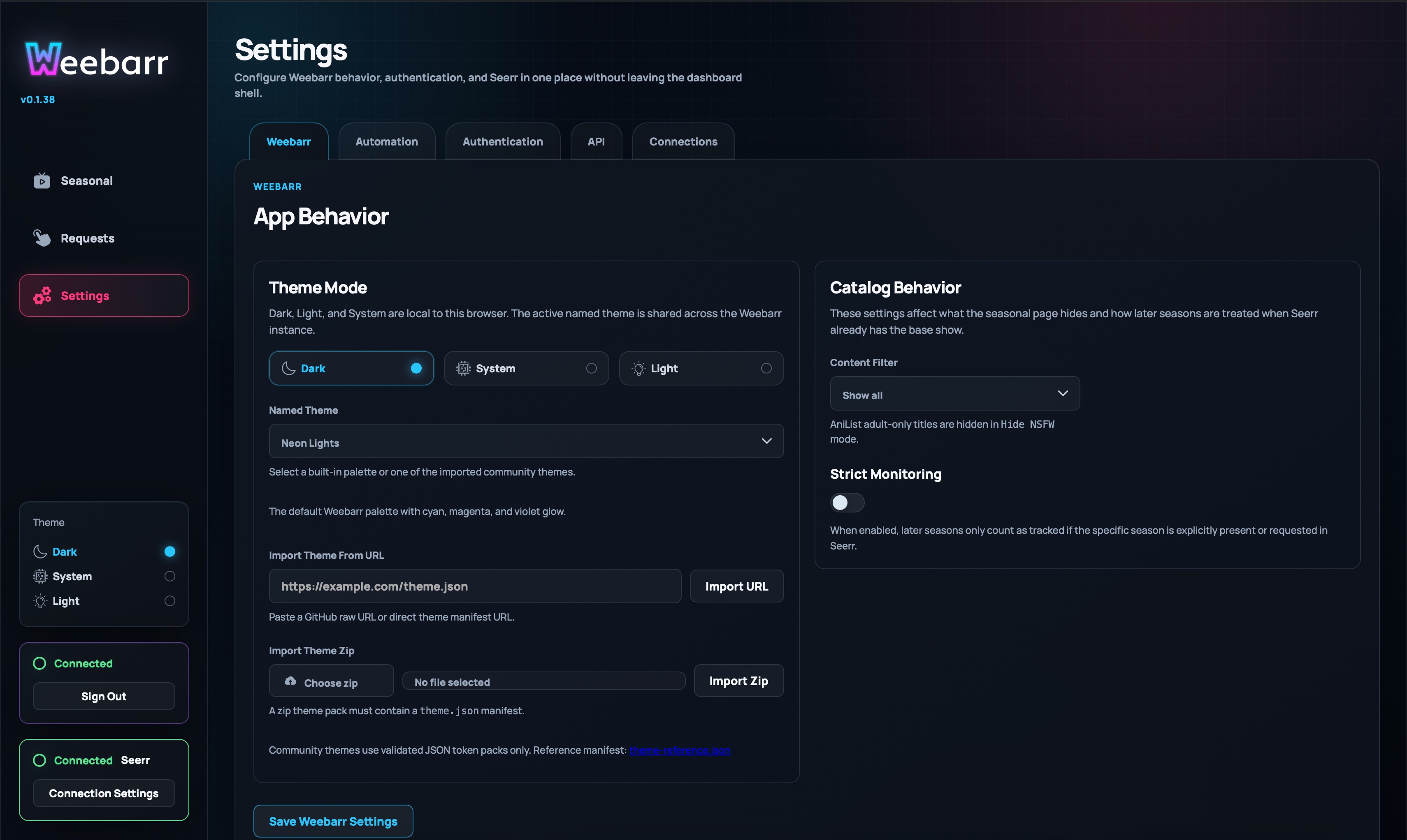 Weebarr settings overview